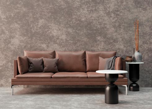 Empty concrete wall in modern living room. Mock up interior in minimalist style. Free space, copy space for your picture, text, or another design. Brown leather sofa. 3D rendering