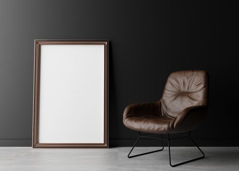 Empty vertical picture frame standing on the floor, with black wall and brown leather armchair. Mock up interior in minimalist style. Free space, copy space for your picture or text. 3D rendering