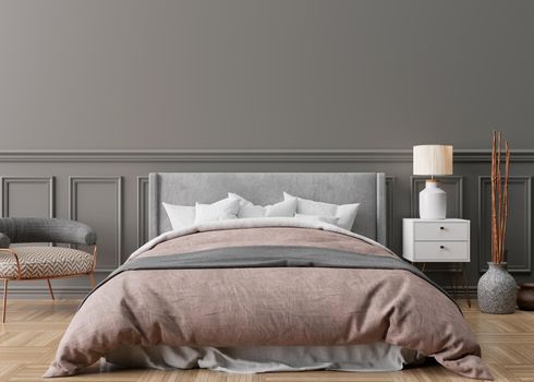 Empty grey wall in modern and cozy bedroom. Mock up interior in classic style. Free space, copy space for your picture, text, or another design. Bed, armchair, parquet floor. 3D rendering