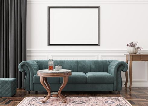 Empty horizontal picture frame on white wall in modern living room. Mock up interior in classic style. Free, copy space for your picture, poster. Sofa, table, parquet floor, carpet. 3D rendering
