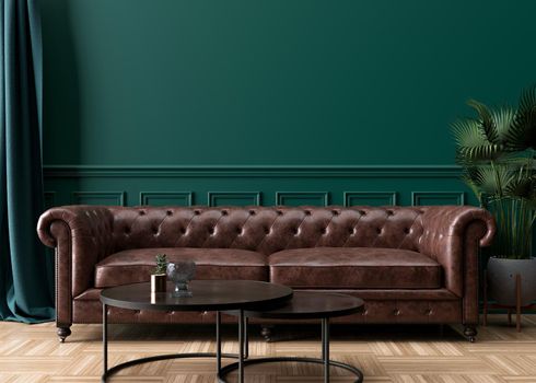 Empty green wall in modern living room. Mock up interior in classic style. Free space, copy space for your picture, text, or another design. Brown leather sofa, plant, parquet floor. 3D rendering