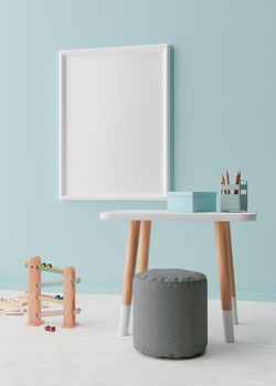 Empty vertical picture frame on blue wall in modern child room. Mock up interior in scandinavian style. Free, copy space for your picture. Table, toys. Cozy room for kids. 3D rendering