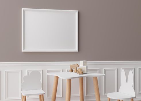 Empty white picture frame on brown wall in modern child room. Mock up interior in scandinavian style. Free, copy space for your picture. Table with chairs, toys. Cozy room for kids. 3D rendering
