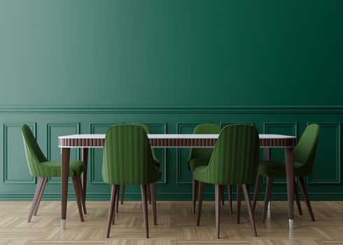 Empty green wall in modern dining room. Mock up interior in classic style. Free space, copy space for your picture, text, or another design. Dinig table with green chairs, parquet floor. 3D rendering