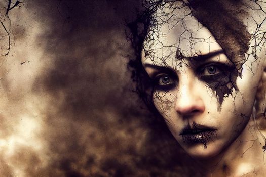 3D Render abstract spooky portrait of fractured face lost souls in Halloween