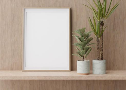 Empty vertical picture frame standing on shelve in modern room. Mock up interior in contemporary style. Free, copy space for picture. Plants. 3D rendering