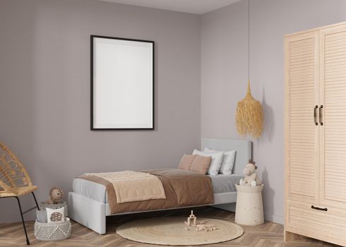 Empty vertical picture frame on grey wall in modern child room. Mock up interior in boho style. Free, copy space for your picture. Bed, rattan chair, toys. Cozy room for kids. 3D rendering