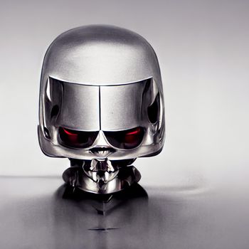 Chromed robot head looking at a the human