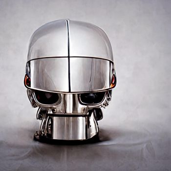 Chromed robot head looking at a the human