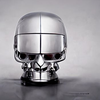 Chromed robot head looking at a the human