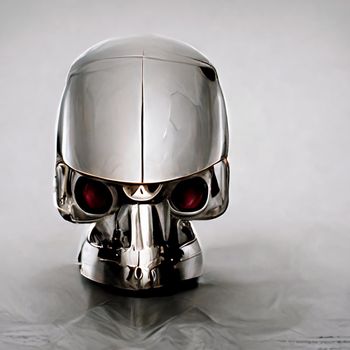 Chromed robot head looking at a the human