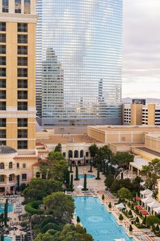 Las Vegas, Nevada, USA-October 12, 2021 - View of the Bellagio hotel pool from above in the Winter.