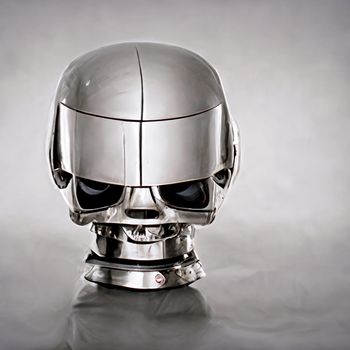 Chromed robot head looking at a the human