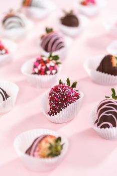 Variety of chocolate dipped strawberries on a pink background.