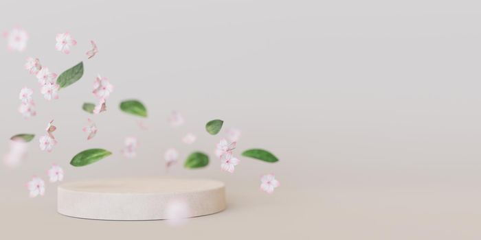 Podium with flying flowers and leaves on cream background. Podium for product, cosmetic presentation. Mock up. Summer or spring mood, blossom. Pedestal, platform for beauty products. 3D rendering