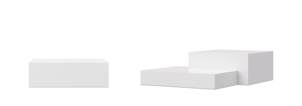 White podiums isolated on white background. Elegant podium for product, cosmetic presentation. Mock up. Pedestal or platform for beauty products. Empty scene. 3D rendering