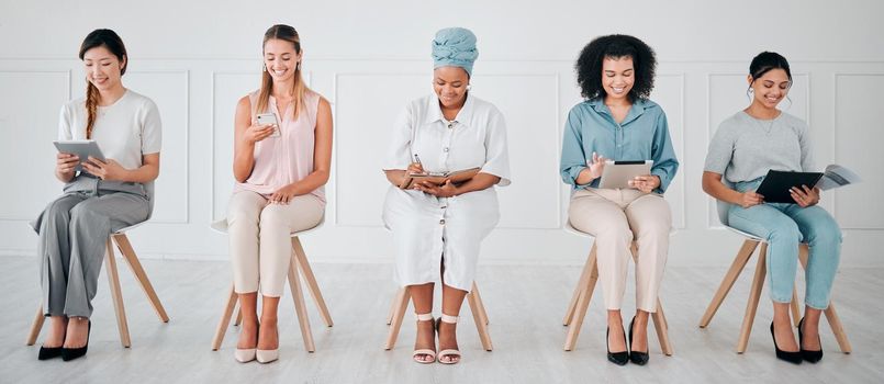 Business women multimedia planning for recruitment, career goal and creative marketing strategy with diversity. Corporate people with notebook, smartphone and document in a job interview waiting room.
