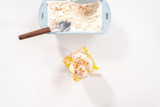 Flat lay. Preparing homemade coconut ice cream with roasted coconut flakes.