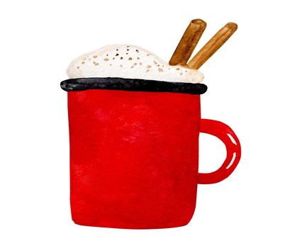 Christmas red mug with traditional winter beverage cocoa watercolor postcard. Beautiful cup for New Year season and xmas cold weather