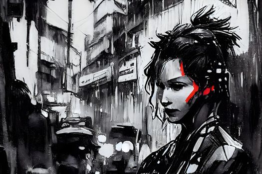 cyberpunk girl in street, Ink painting with bold brushstrokes, in red black and white colors, neural network generated art. Digitally generated image. Not based on any actual scene or pattern.