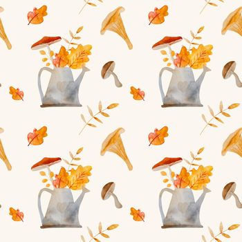 Autumn watercolor drawings with kettle and yellow orange leaves and mushroom bouquet seamless pattern. Aquarelle ilustration with agaric and botanical fall seasonal bouquet