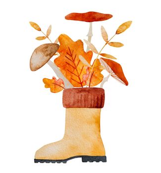 Autumn watercolor drawings with boot and yellow orange leaves and mushroom bouquet. Aquarelle ilustration with shoe, agaric and botanical fall seasonal bouquet