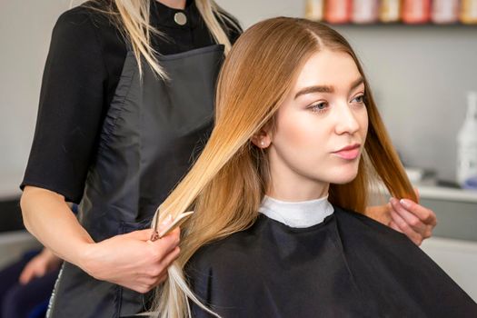 Hair stylist's hands doing professional hairstyling of female long hair in a beauty salon