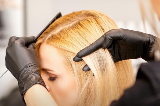 A hairdresser is combing female hairstyling in a hairdressing beauty salon