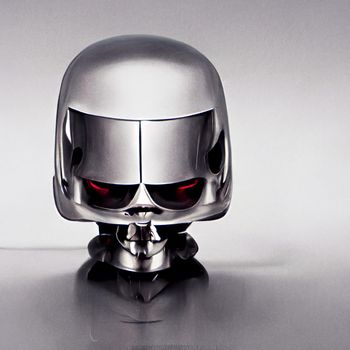 Chromed robot head looking at a the human