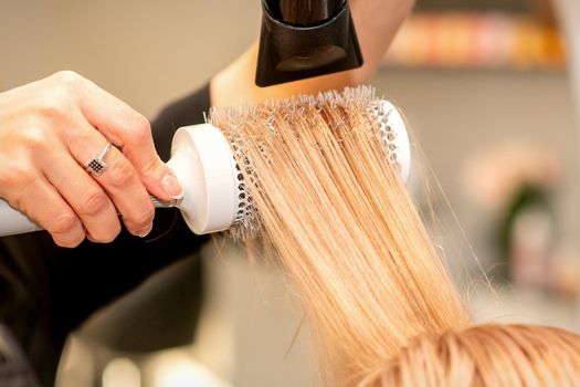 Professional hairdresser dry hair with a hairdryer and round hairbrush in a beauty salon