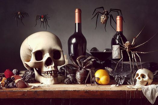 3D Render of skull and rotten food on antique table. Design for Halloween concept.