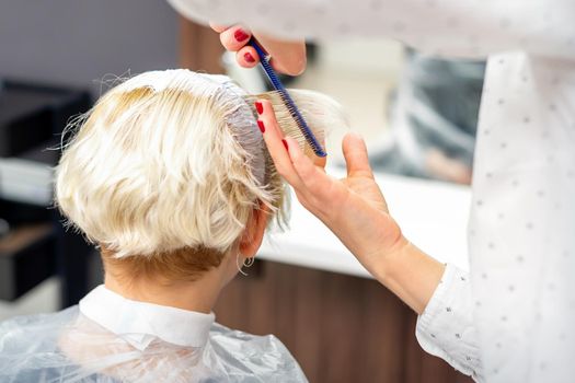 Female hairdresser styling short white hair of the young blonde woman with hands and comb in a hair salon