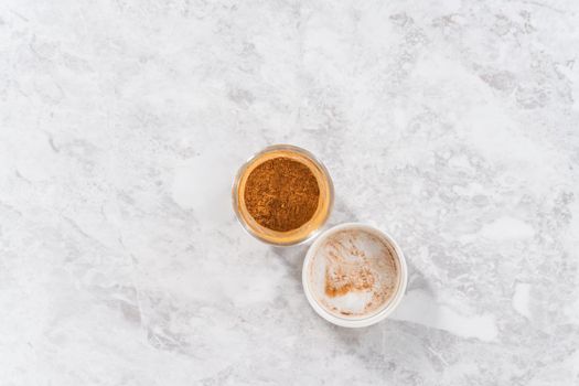 Flat lay. Homemade pumpkin pie spice for Autumn recipes.