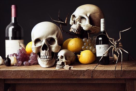 3D Render of skull and rotten food on antique table. Design for Halloween concept.