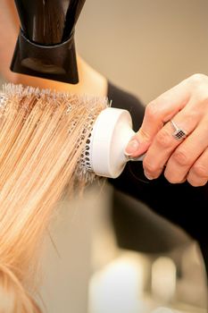 Professional hairdresser dry hair with a hairdryer and round hairbrush in a beauty salon