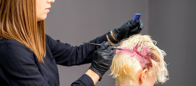 Hairdresser colors female blonde hair in pink color at a beauty salon