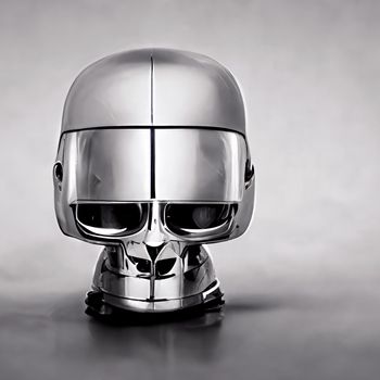 Chromed robot head looking at a the human