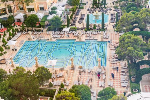 Las Vegas, Nevada, USA-October 12, 2021 - View of the Bellagio hotel pool from above in the Winter.