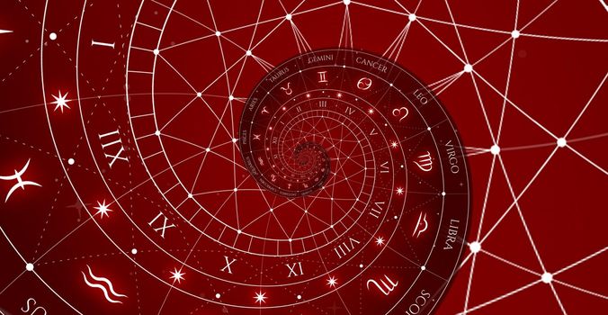 Astrological background with zodiac signs and symbol - red