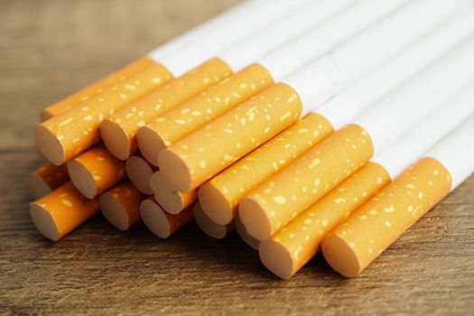 Cigarette, roll tobacco in paper with filter tube, No smoking concept.
