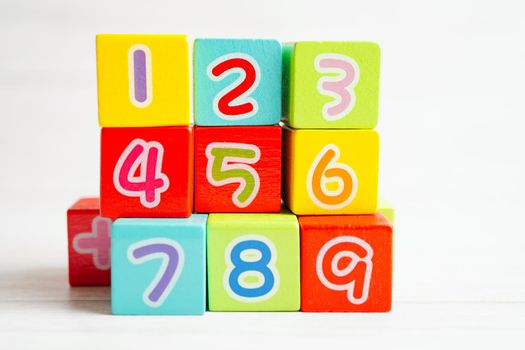 Number wood block cubes for learning Mathematic, education math concept.