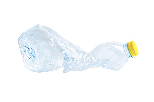 Plastic water bottle with empty crumpled used isolated on white background, reuse, recycle, pollution, environment, ecology, waste concept. 