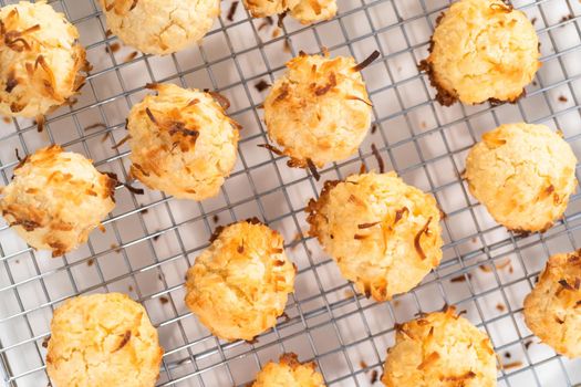 Cooling freshly baked coconut cookies on the kitchen drying rack.