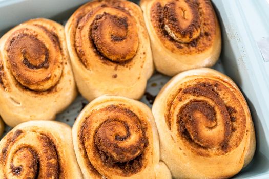 Freshly baked cinnamon rolls in a blue baking pan.