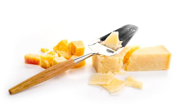 Piece of parmesan cheese and grater on white background