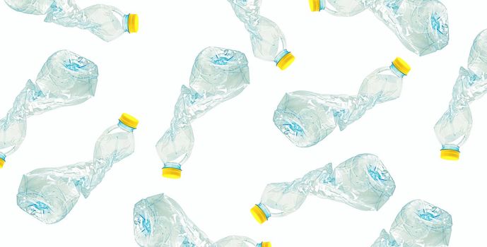 Plastic water bottle with empty crumpled used isolated on white background, reuse, recycle, pollution, environment, ecology, global warming concept.