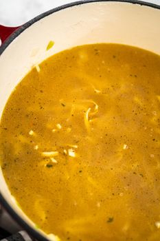 Cooking chicken noodle soup with kluski noodles in an enameled dutch oven.