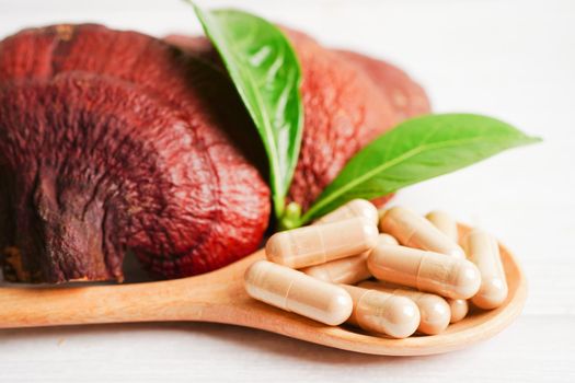Lingzhi or Reishi mushroom with capsules, organic natural healthy food.