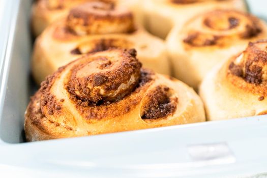 Freshly baked cinnamon rolls in a blue baking pan.