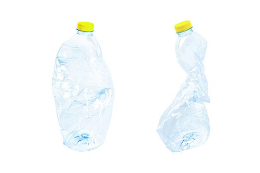 Plastic water bottle with empty crumpled used isolated on white background, reuse, recycle, pollution, environment, ecology, waste concept. 